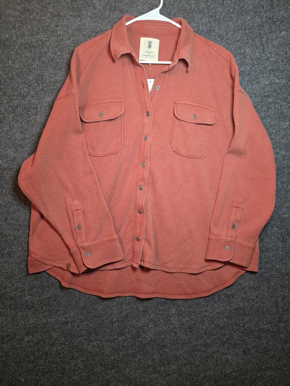 NWT Simply Southern Waffle Knit Shacket Oversized Rust Coral Button Up XL Flawed